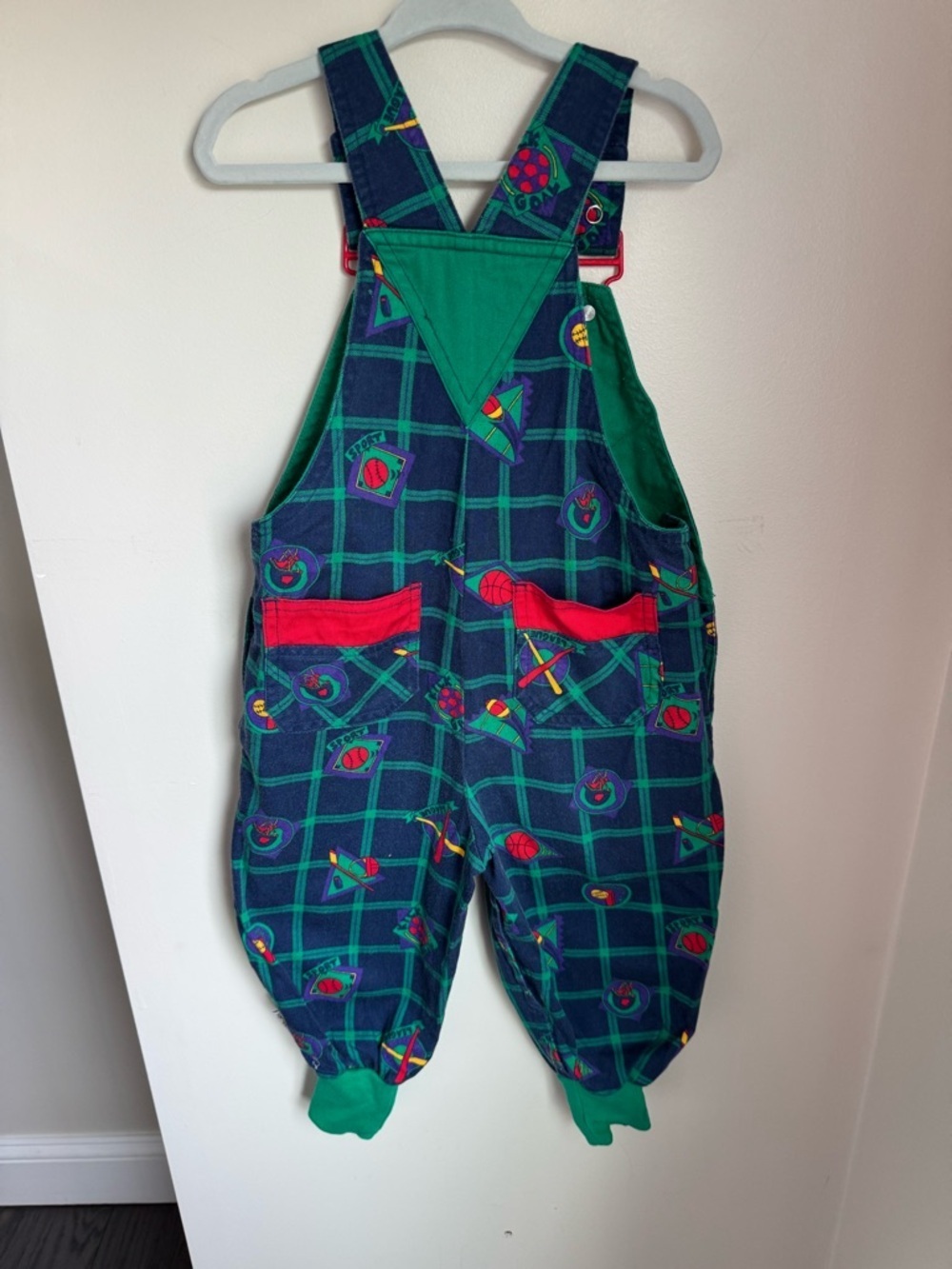 Gymboree Vintage Rainbow Tag Plaid Sports-Print Kids Overalls Size Small - Picture 8 of 8